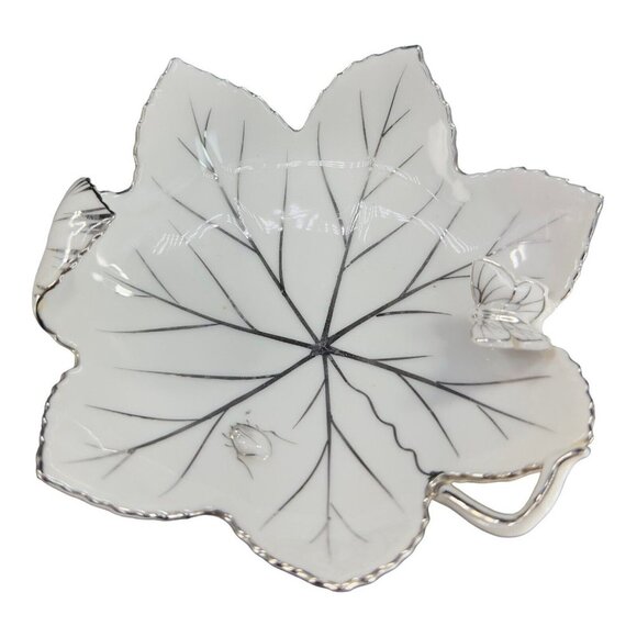 Andrea By Sadek Hand Painted Leaf Dish Bowl Silver Overlay Butterfly And A Bug - Picture 7 of 15
